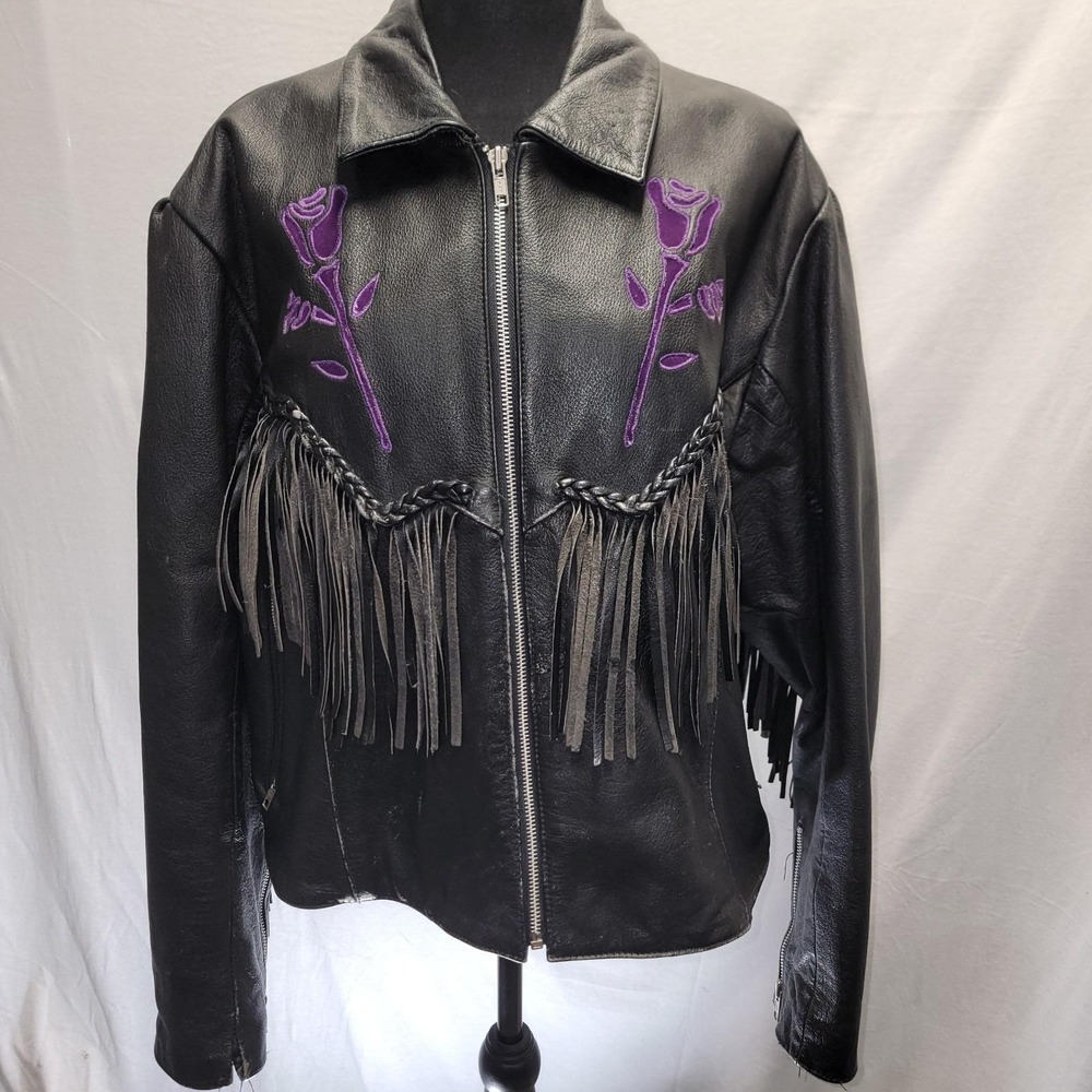 80's/90's Vtg Moto Jacket Fringe Purple Suede Roses 48" Chest READ